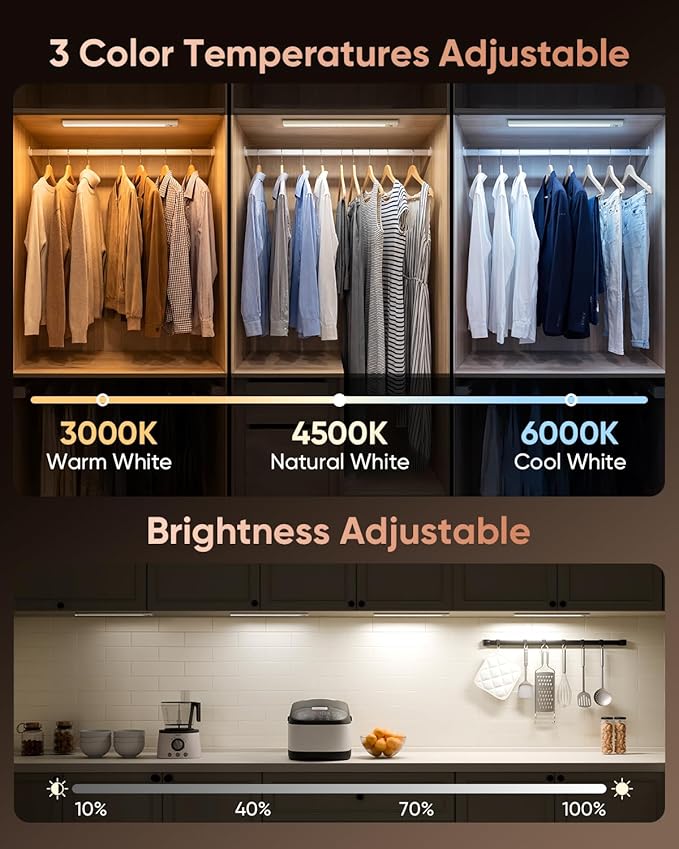 12inch Under Cabinet Lighting Wireless, 152LED Motion Sensor Light Indoor, Rechargeable Closet Lights, 3 Color Temps & Dimmable, Stick On Under Counter Lights for Kitchen, Pantry, 1 Pack