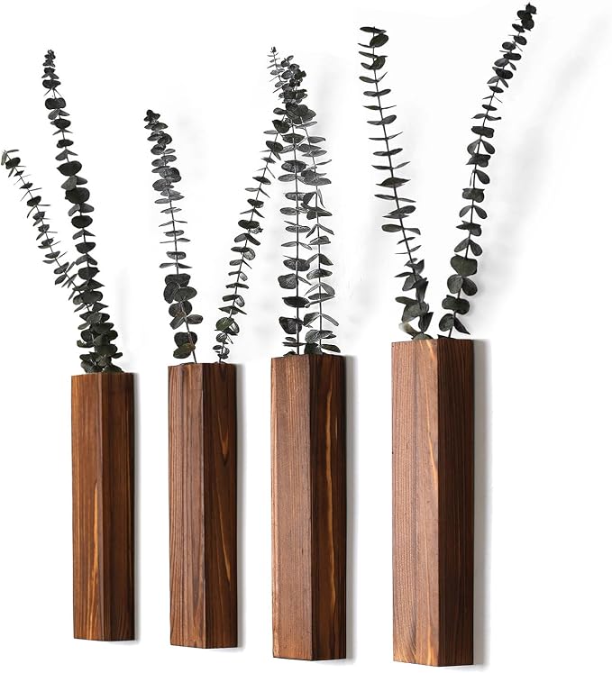 Wooden Wall Planter Set of 4 - Modern Home Decor for Living Room, Bedroom, Bathroom - Walnut Finish Planter for Dried Flowers, Faux Greenery, Indoor Plants