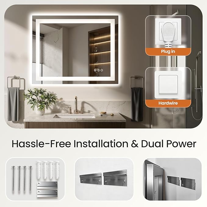 40X30 LED Bathroom Mirror with Lights, Anti-Fog, Dimmable - Lighted Bathroom Vanity Mirror with Front & Back Light, 3 Color Temperatures, Memory Function, Tempered Glass (Horizontal/Vertical)