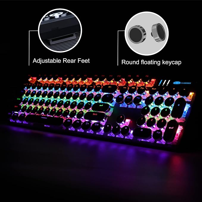 Camiysn Typewriter Style Mechanical Gaming Keyboard, Black Retro Punk Gaming Keyboard with RGB Backlit, 104 Keys Blue Switch Wired Cute Keyboards, Round Keycaps for Windows/Mac/PC
