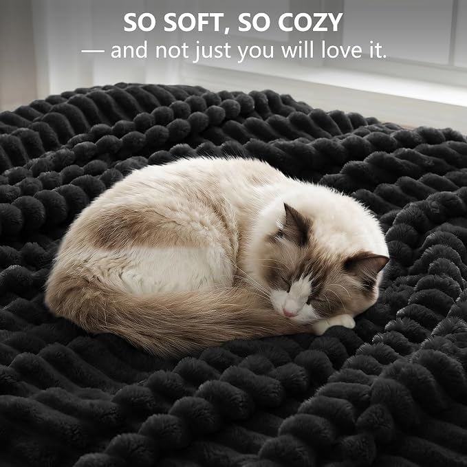 Black Twin Blanket for Bed & Couch, 60 x 80 Inch | 300GSM Ribbed Fleece Blanket, Soft, Cozy & Lightweight, OEKO-TEX Certified, All-Season Use for Travel, Dorm & Home Decor