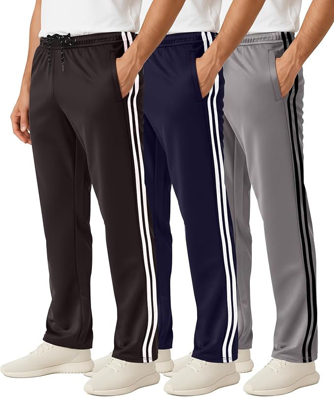 3 Pack Men's Mesh Open Bottom Sweatpants Active Athletic Workout Gym Pocket | Available in Big & Tall, Uncuffed, Elastic Waistband, Drawstring, Straight Leg, Running, Jogging, Exercise, Training, Sports