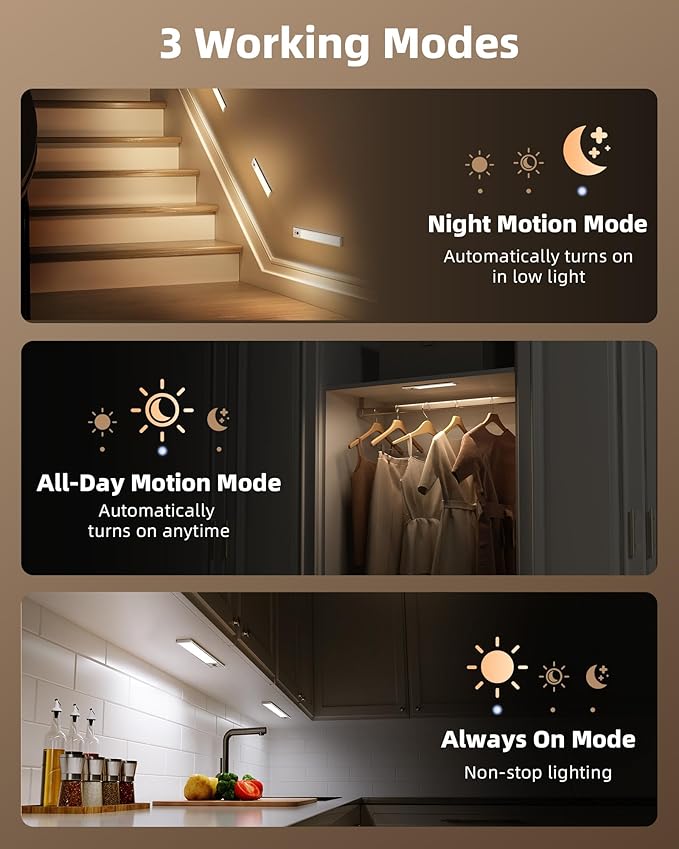 EZVALO 1-Pack Under Cabinet Lights, 3200mAh Rechargeable Motion Sensor Light Indoor, Wireless Closet Lights Battery Operated, with 3 Color Temps, Dimmable, Magnetic, for Kitchen, Stair, Pantry(12inch)