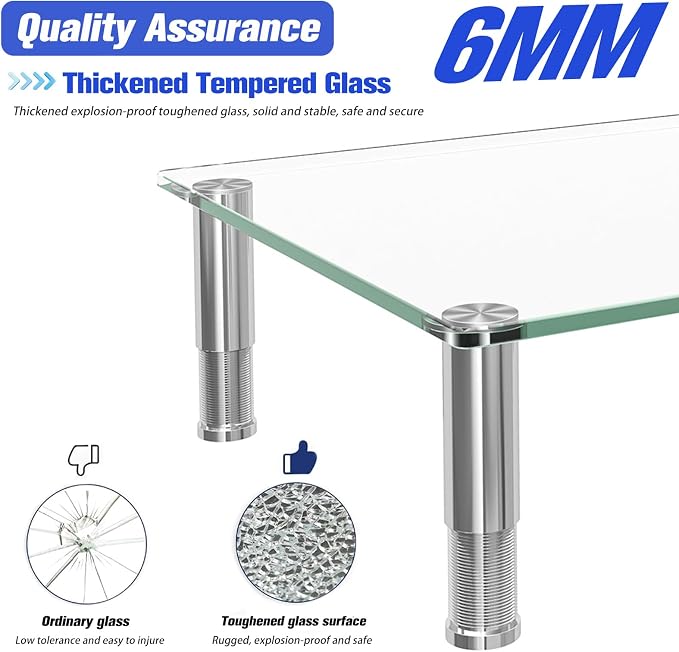 Simple Trending 2-Pack Tempered Glass Monitor Stand, Adjustable, Clear | 14.25"L x 9.5"W, height 3.5"-5", tilt 0-15°. Holds 88 lbs, impact/heat resistant. Stainless steel feet. Easy assembly.
