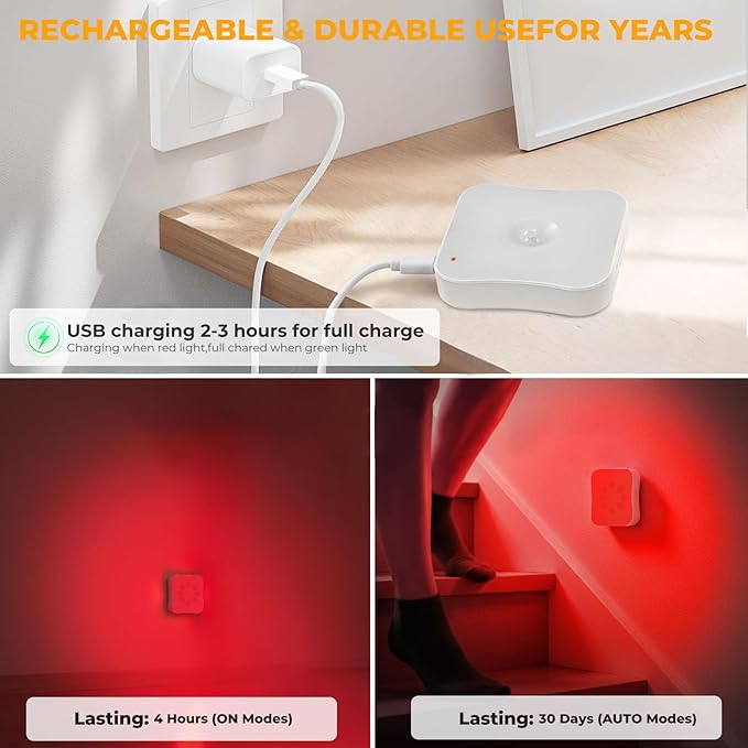 Red Light Night Lights Motion Sensor Red Lights Rechargeable RedLight Magnetic 670 nm Red Light for Sleep Therapy, Bathroom, Bedroom, Stair, Hallway, Travel, Kids Room, 4 Pack
