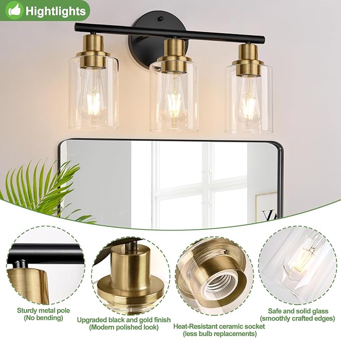 3-Light Bathroom Light Fixtures, Black and Gold Bathroom Wall Lights, Modern Vanity Light with Clear Glass Shade, Bathroom Wall Lamp for Mirror Kitchen Bedroom Hallway Cabinet