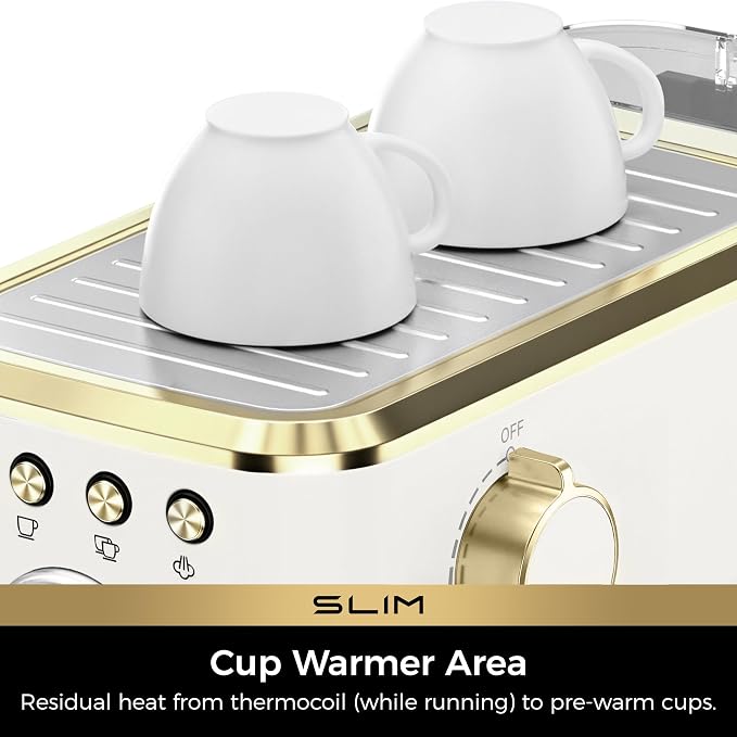 CHULUX Slim Espresso Machine with Milk Frother for Home Latte, White & Gold | Precise Pressure Gauge, Food-Grade Materials, 20 Bar Italian Pump, Professional Temperature Control System, Stainless Steel