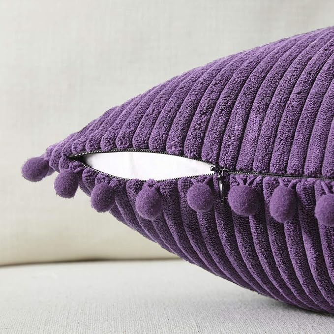 Fancy Homi Pack of 2 Purple Boho Decorative Throw Pillow Covers with Pom-poms, Soft Corduroy Solid Square Cushion Cases Set for Living Room Couch Sofa Bedroom Car (18x18 Inch/45x45 cm, Purple)