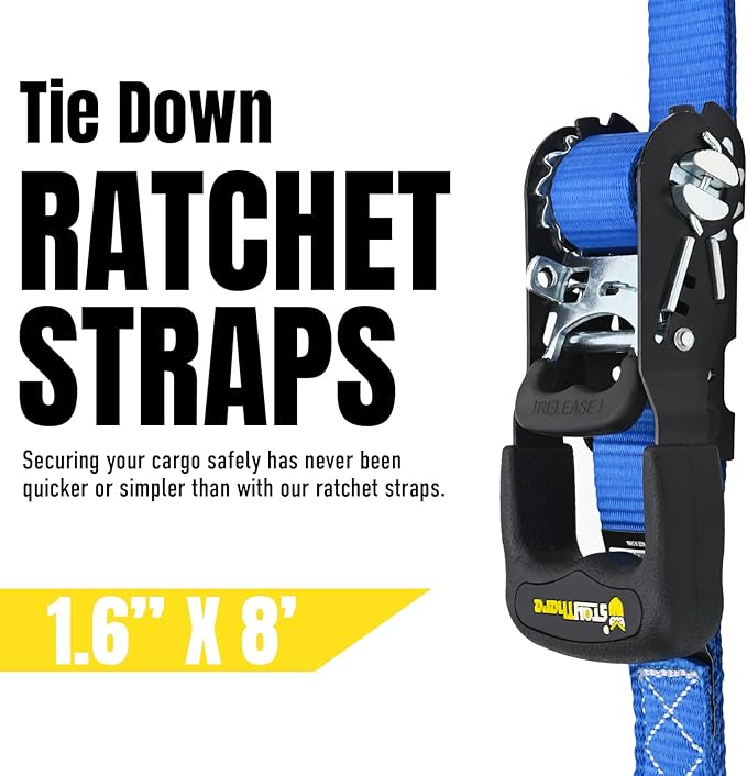 Stay There Heavy Duty Ratchet Tie Down Straps - 5208 Lbs Breaking Strength 1.6" x 8', Includes 4 Heavy Duty Ratchet Padded Handles – Coated Deep S-Hook & Carry Bag (Blue)