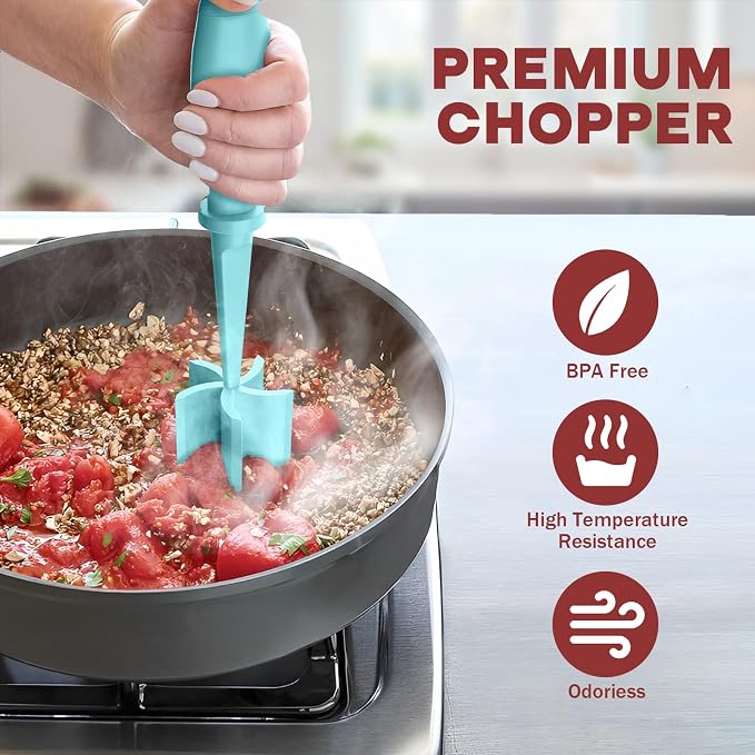 2Pack Meat Chopper Upgrade Hamburger Smasher, Masher for Ground Beef | Heat Resistant, Food-Grade Nylon, for Ground Turkey/Chicken and More, Non Stick Mix Grinder, Dishwasher Safe, Aqua