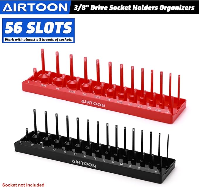 AIRTOON 3/8-Inch Drive Socket Organizer Trays, 2-Piece SAE and Metric Socket Tray Set, Deep and Standard Socket Holders Organizers for Toolbox, Black & Red