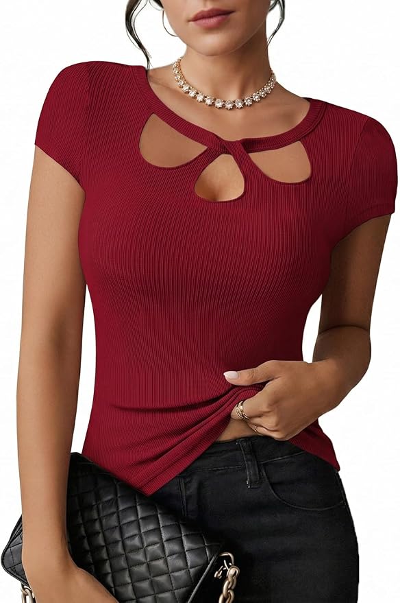 Pink Queen Sexy Tops for Women Cutout Keyhole Neck Cap Sleeve Shirts Casual Summer Clothes 2026 Fashion