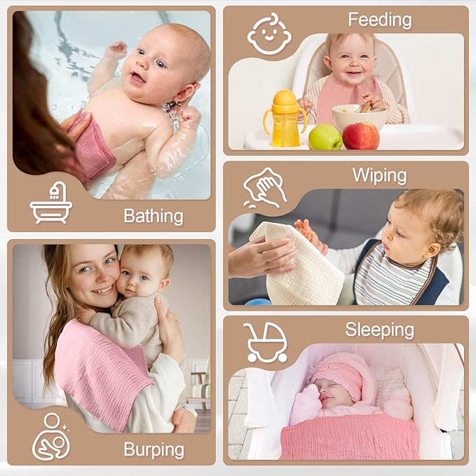 MUKIN Baby Washcloths,Muslin Burp Cloths Towels for Newborns,Absorbent Cotton Bath Face Towel ，5 Pack, 12x12 Inches (Rosy Embrace)