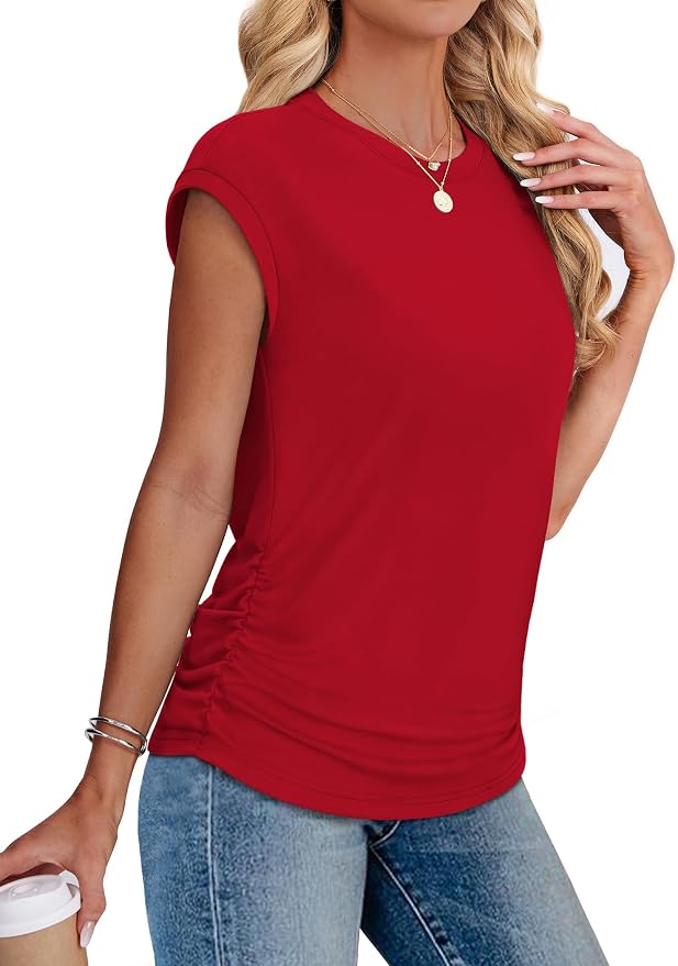 Sampeel Womens Summer Tops Trendy 2026 Ruched Cap Short Sleeve Tshirts Shirts Crew Neck T Shirts Fashion