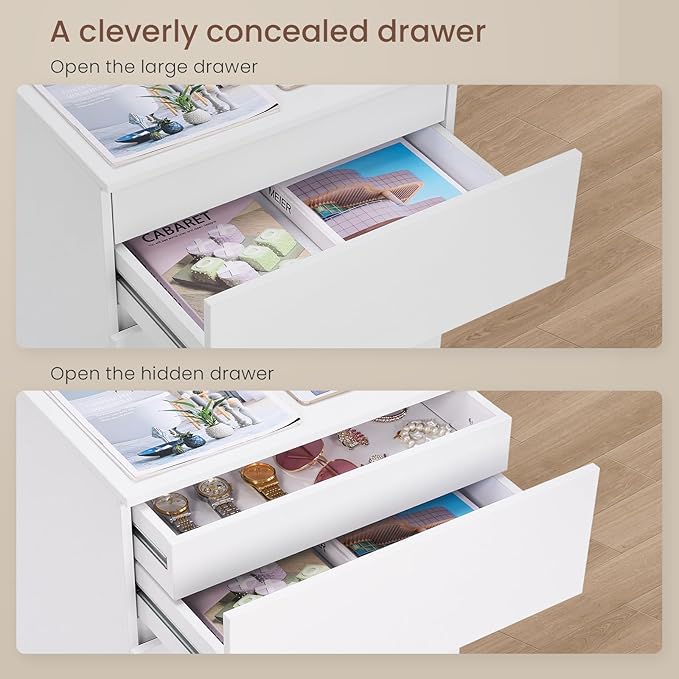 Nightstand, 4 Drawers, 26" H with Hidden Drawer, Bedside Table with Charging Station, Modern Night Stand for Bedroom, White