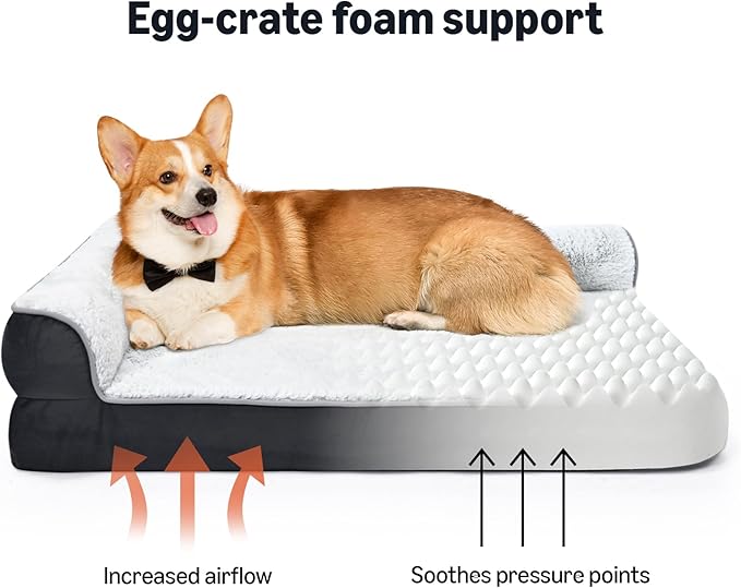 Amazon Basics Washable L-Shaped Dog Bed for Large Dogs, Anti-Slip Pet Sofa Bed for Indoor Dogs, Crate Bed, 42x30x8 Inches, Gray