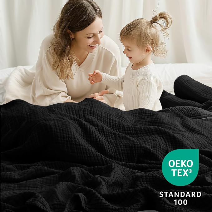 100% Cotton Muslin Blanket Twin 60" x 80", Breathable and Lightweight Cotton Twin Blankets for Couch, Soft Cooling Summer Gauze Blanket for Adults All Season, Black