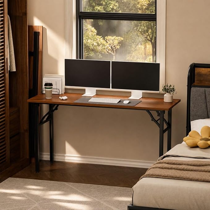 Folding Table Computer Desk - 55.1" No Assembly Folding Desk Design and Foldable Office Desk, Small Desk for Bedroom, Compact Storage Portable Use for Dorm and RV Small Space, Dark Walnut