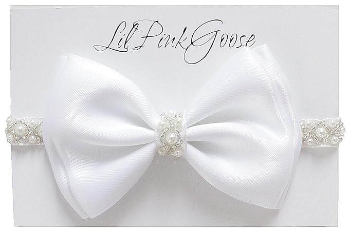 0-12 Newborn Baby Baptism Pearl Headband or Clip with Bow in WHITE Christening Headband with Satin Bow, Pearl Rhinestone Band (White(1 Year&up), 1 Count (Pack of 1))