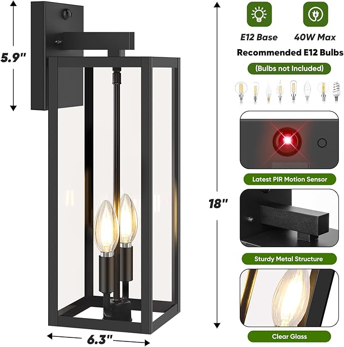 BesLowe Upgraded Motion Sensor Outdoor Wall Light, 18" Large Dusk to Dawn Porch Sconce Lantern, 3 Lighting Modes Exterior Fixture Wall Mount, Black Outside Light for House Garage