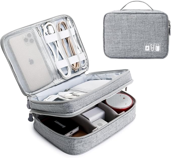 Lanola Travel Cable Organizer Bag, Electronic Accessories Case Portable Double Layer Cable Storage Bag for Cord, Charger, Flash Drive, Phone, SD Card,Personal Items - (Grey)