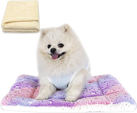 Cat Dog Bed Mat & Blanket, Reversible Pets Crate Pad Bed Mat and Ultra Soft Warm Fleece Calming Blanket for Small Puppy Kitty, Washable
