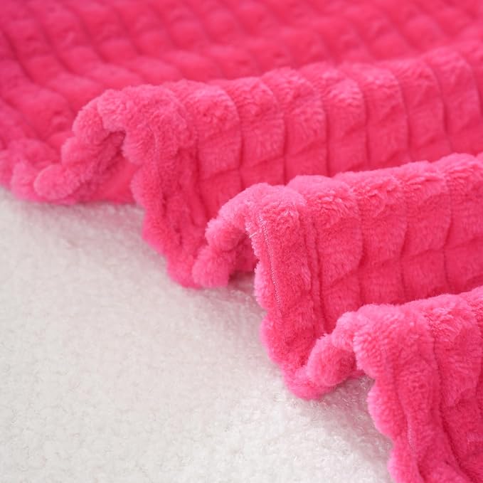 Puncuntex Fleece Throw Blanket Hot Pink 50"×60" with Square Grid Design | Super Soft Plush Cozy Flannel Throw Blanket Luxury for Couch Sofa Chair