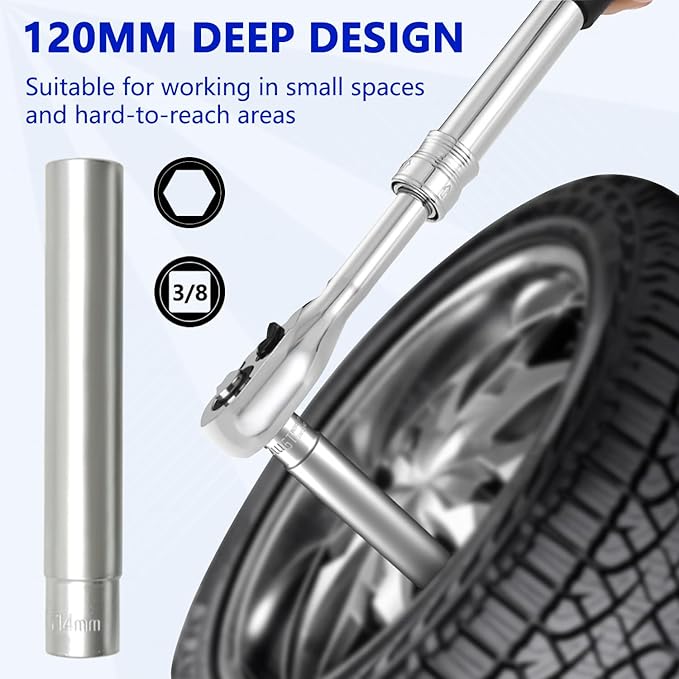 ZKTOOL 7PC 3/8-Inch Drive Deep Metric Socket Set, 8-14MM Extra Long Deep 120MM with 1/2'' and 3/8'' adapter