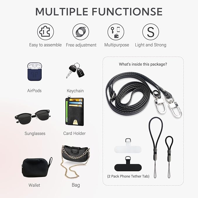 Crossbody Phone Strap with 2 Pads, Leather & Adjustable Finger Strap - Compatible with Most Smartphones (Black)