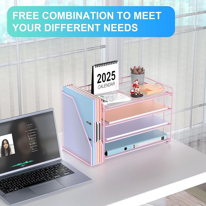 gianotter 4-Tier Paper Organizer With Magazine Holder | Desk Organizers and Accessories, File Organizer for Office Supplies Storag (Pink, 4-Tier)