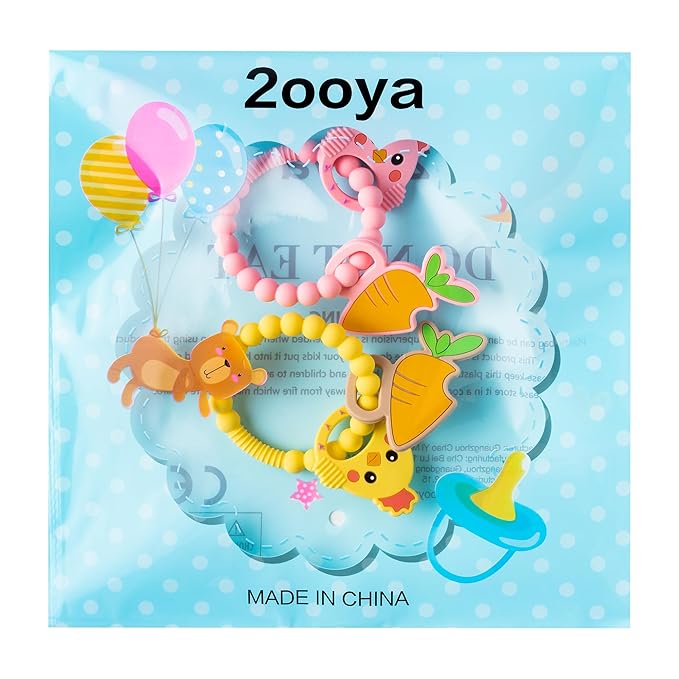 Silicone Teether Toys for Babies - 2ooya 2Pcs Easter Pink Yellow Carrot Chick Teething Ring Infant Soft Teethers, Toddler Teething Chew Toys for Newborn Boy and Girl Easter Baby Shower Birthday Gifts