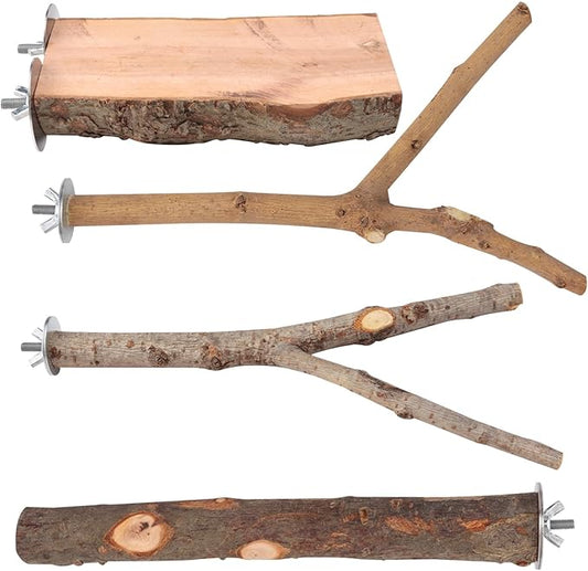 BILLIOTEAM 4-Pack Natural Wood Bird Perch Stand with Spacious Platform, Thick & Long Branches, Large Parrot Cage Accessories for African Grey, Macaws, Conures, Eclectus (Medium & Large Birds)