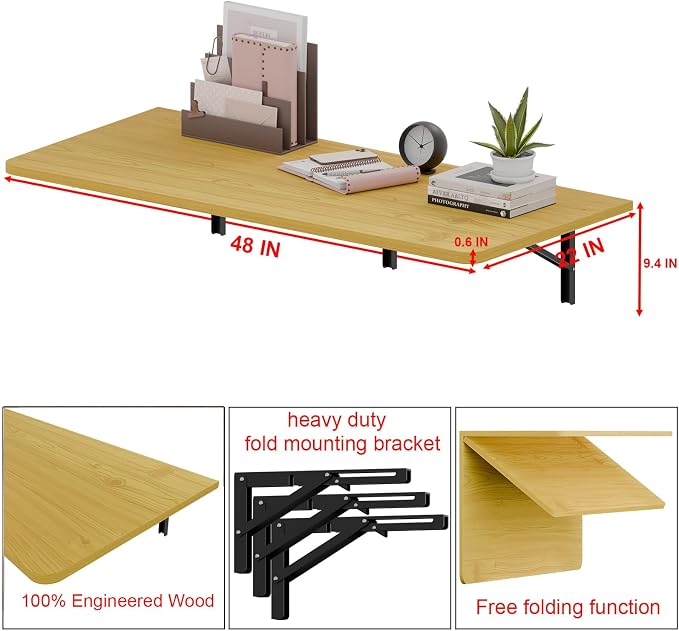 IAE 48x22in Floating Fold Desk,Wall-Mounted Folding Computer Table,Natural | Study Table with Shelf Brackets,Foldable Down Shelf with Engineered Wood,Fold Computer Desk for Small Apartment,Holds 508 lb