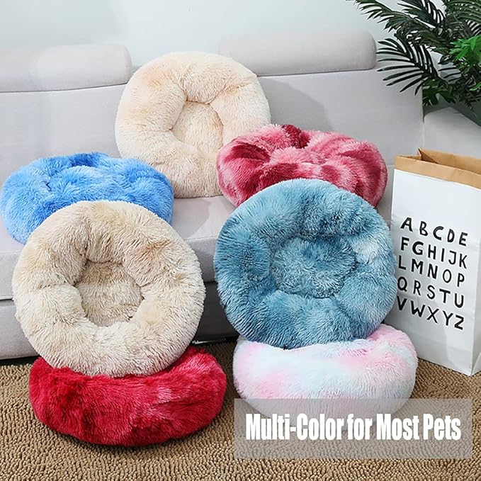 Calming Faux Fur Dog Beds Calming Donut Cuddler Dog Bed Washable Round Cat Bed Pillow Cuddler Fluffy Indoor Dog Calming Beds with Anti Slip Bottom Solid Color Light Pink 39 Inch