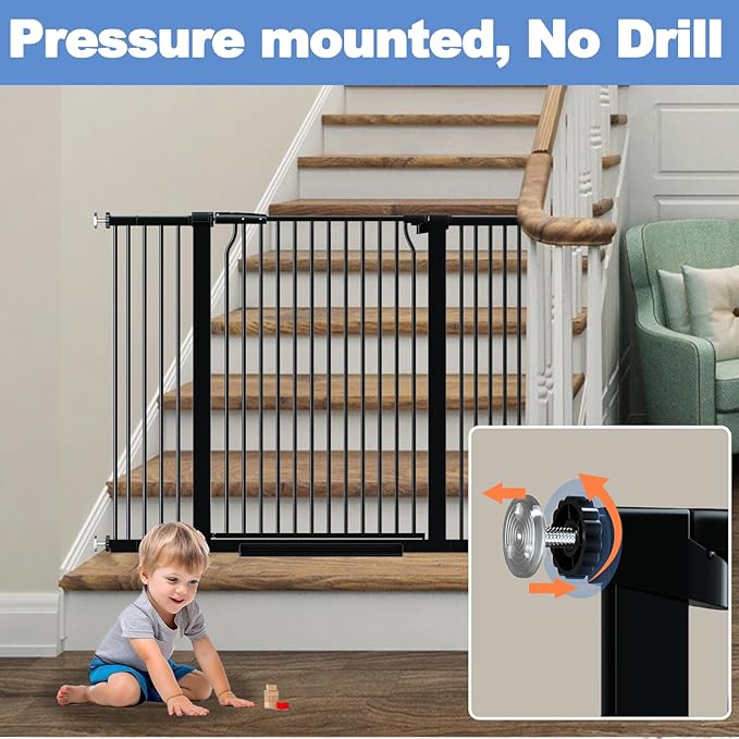 40.5" Extra Tall Baby Gate for Stairs, 40.5"-54.7" Extra Wide Large Dog Pet Gate Indoor, Pressure Mounted Safety First Child Gate Kids, Metal Auto Close Puppy Barrier for Walk Thru, Black