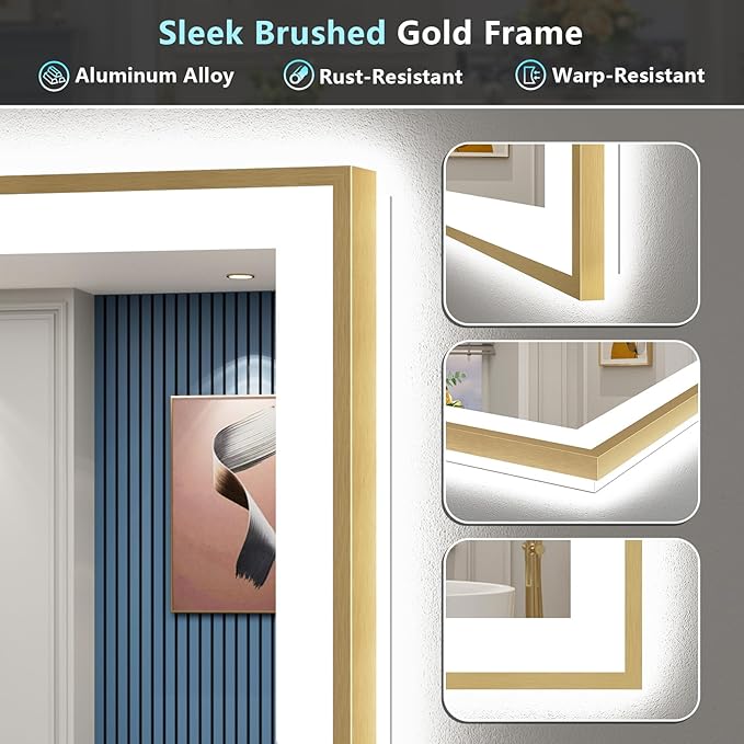 66x40 Gold LED Bathroom Mirror with Lights, Brushed Gold Framed Backlit and Front Lit Anti-Fog Lighted Vanity Mirrors for Bathroom Wall, Dimmable, 3 Colors, Memory, HD Tempered Glass, CRI＞90