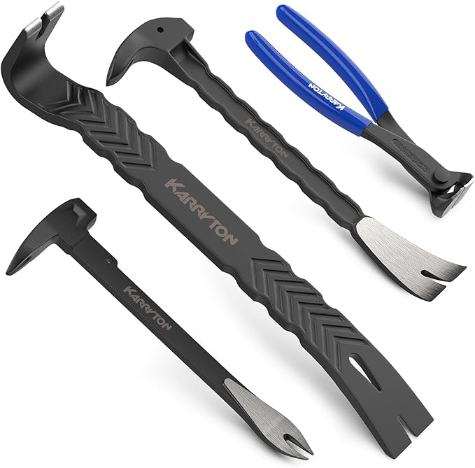 4-Piece Heavy-Duty Pry Bar Set – 12" & 10" Utility Claw Pry Bars, 15" Flat Pry Bar, 8" End Cutting Pliers | CR-V Steel Nail Puller Tool with Hammer-Function & Ergonomic Grip