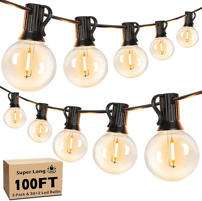 100FT LED Outdoor String Lights Patio Light with 52 Shatterproof G40 Dimmable Globe Bulb, 2-Pack 50FT Waterproof Outside Hanging String Light for Christmas Backyard Porch Balcony Gazebo Party