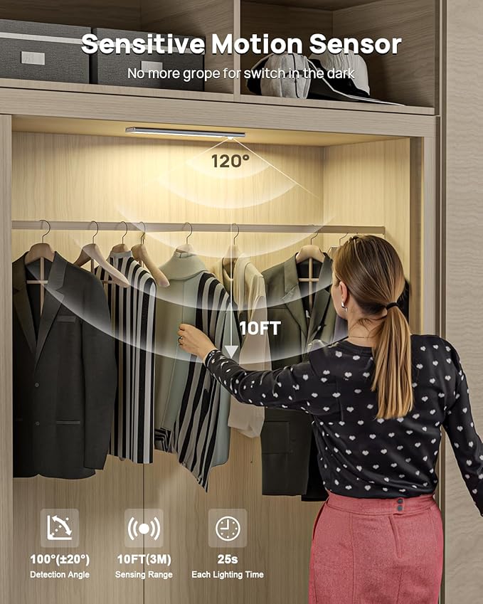Under Cabinet Lights with Remote Control,12 inch Rechargeable 2500mAh Battery 350 Lumen Motion Sensor Indoor Light,3Pack Wireless Under Counter Light,3 Color Dimmable for Kitchen,Wardrobe,Closet