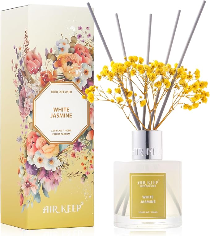 Airkeep Reed Diffuser Set,3.38 fl oz (100 ml) - White Jasmine Oil Diffusers with 8 Reed Sticks, Home Fragrance Reed Diffuser for Bathroom Shelf Decor
