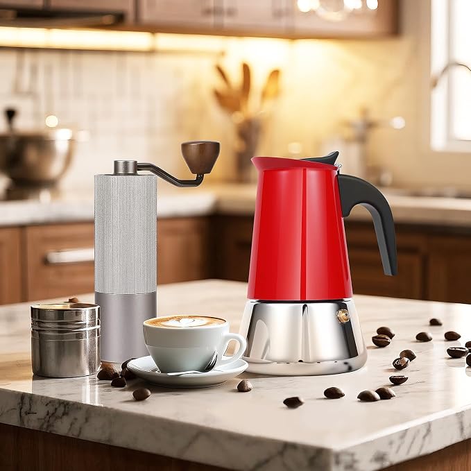 4 Cup Stainless Steel Moka Pot, 200ml Stovetop Espresso Maker, Red | 304 Stainless Steel Mocha Pot, Induction Compatible, Greca de Cafe, Cuban and Italian Coffee Maker
