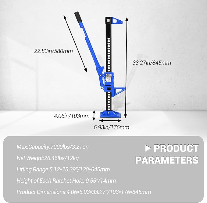 GarveeTech 33" Farm Jack, 3 Ton Capacity Ratcheting Off Road, Utility Heavy-Duty F-arm J-ack for Tractor, Truck, SUV, Lift Height 5.12-25.39 inches
