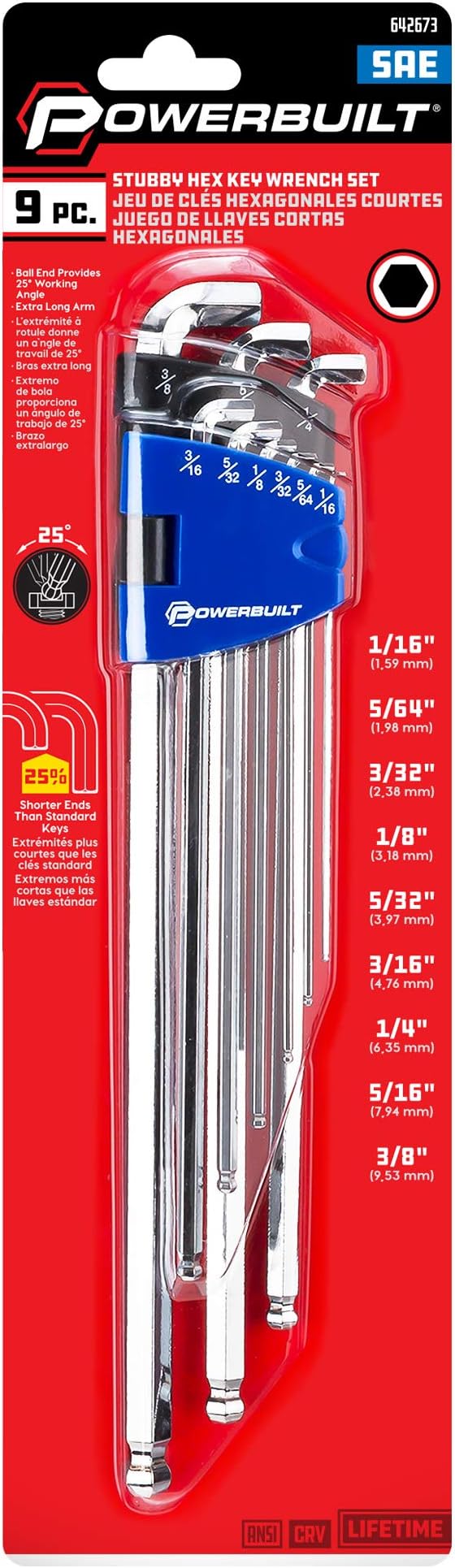 Powerbuilt 9 Piece SAE Stubby End, Extra Long Arm Ball End Hex Key Wrench Set, L-Wrenches for Tight Places, Storage - Blue 240099