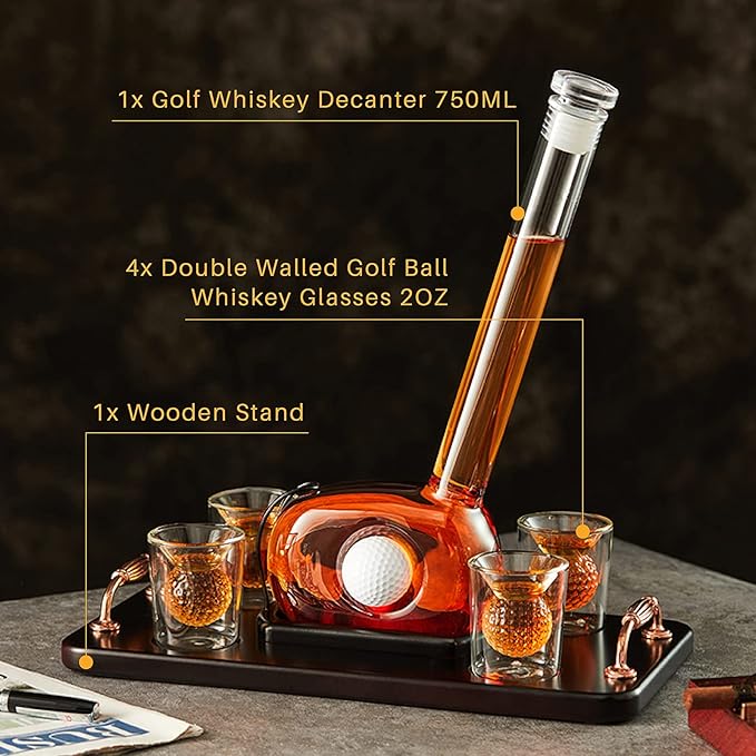 Golf Whiskey Decanter Set with 4 Golf Ball Shot Glasses, Unique Golf Gifts for Men Women, 750ml Golf Themed Liquor Dispenser, Golf Club Drink Dispenser for Bourbon, Scotch, Vodka, Tequila