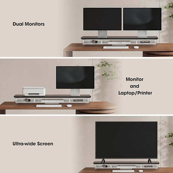 Fenge 42.5" Dual Monitor Stand with Clear Acrylic Legs, Black | Clear acrylic, storage compartment, 2-tier home office monitor riser, wide large desktop shelf fit monitor/laptop/printer