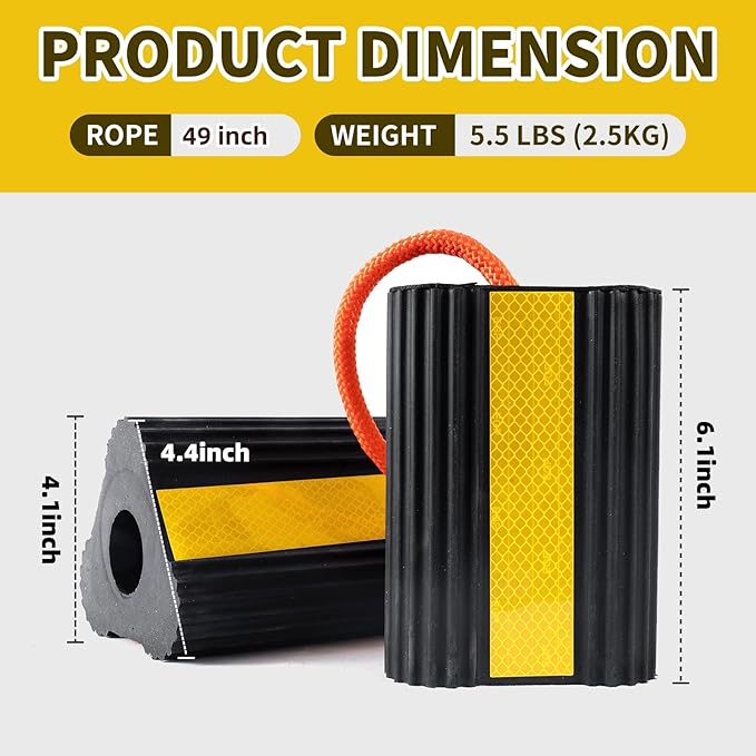 Wheel Chocks for RV Trailer 1 Pair with Rope & Reflective Strips Rubber Wheel Chocks Heavy Duty Tire Stopper for Camper, Truck, Car, Travel Trailer