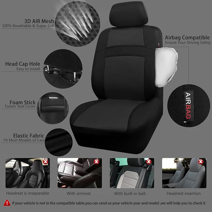 CAR PASS 3D Air Mesh Car Seat Covers Full Sets w/5mm Sponge, 4Pcs Waterproof Car Floor Mats, Steering Wheel Cover Universal Fit for SUV Sedan Truck, Airbag Compatible Automotive Interior(Black)