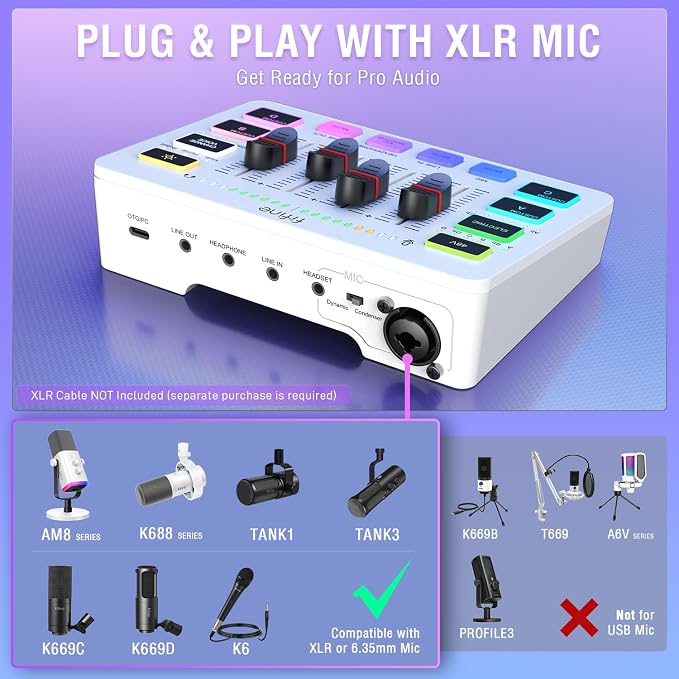 FIFINE Audio Mixer, Gaming Streaming PC Mixer with Slider Fader, XLR Microphone Interface, Monitoring, for Video/Game Voice/Podcast Recording-AmpliGame SC3W | USB PnP For PC,Mute Button,XLR Preamp,RGB,Voice change,48V Phantom Power,Monitoring,Podcast,R...