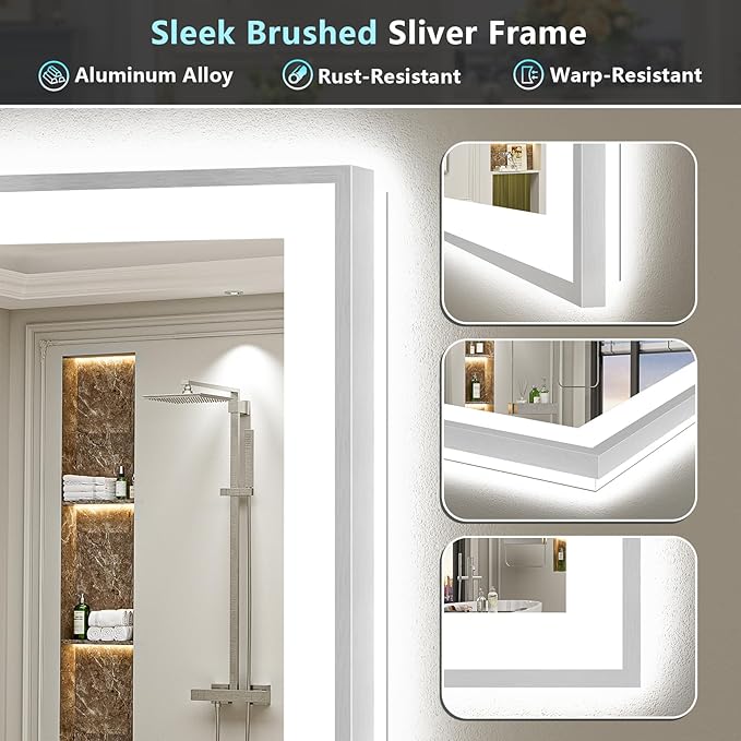 44x36 Brushed Nickel LED Bathroom Mirror with Lights, Sliver Framed Backlit and Front Lit Anti-Fog Lighted Vanity Mirrors for Bathroom Wall, Dimmable, 3 Colors, Memory, Tempered Glass, CRI＞90