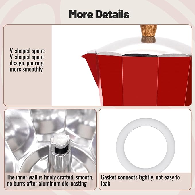 9 Cup Aluminum Moka Pot Classic Stovetop Espresso Coffee Maker 450ml 15oz Coffeemaker Percolator Mocha Pot Greca Coffee Maker Cafe Makers for Italian and Cuban Café Brewing Red